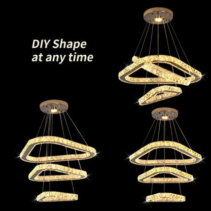 Modern gold-toned decorbites crystal led ring pendant chandelier with tiered interlocking rings for dining room decor