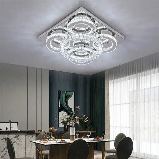 A modern crystal led square chandelier with concentric rings and chrome frame for living room decorbites crystal led