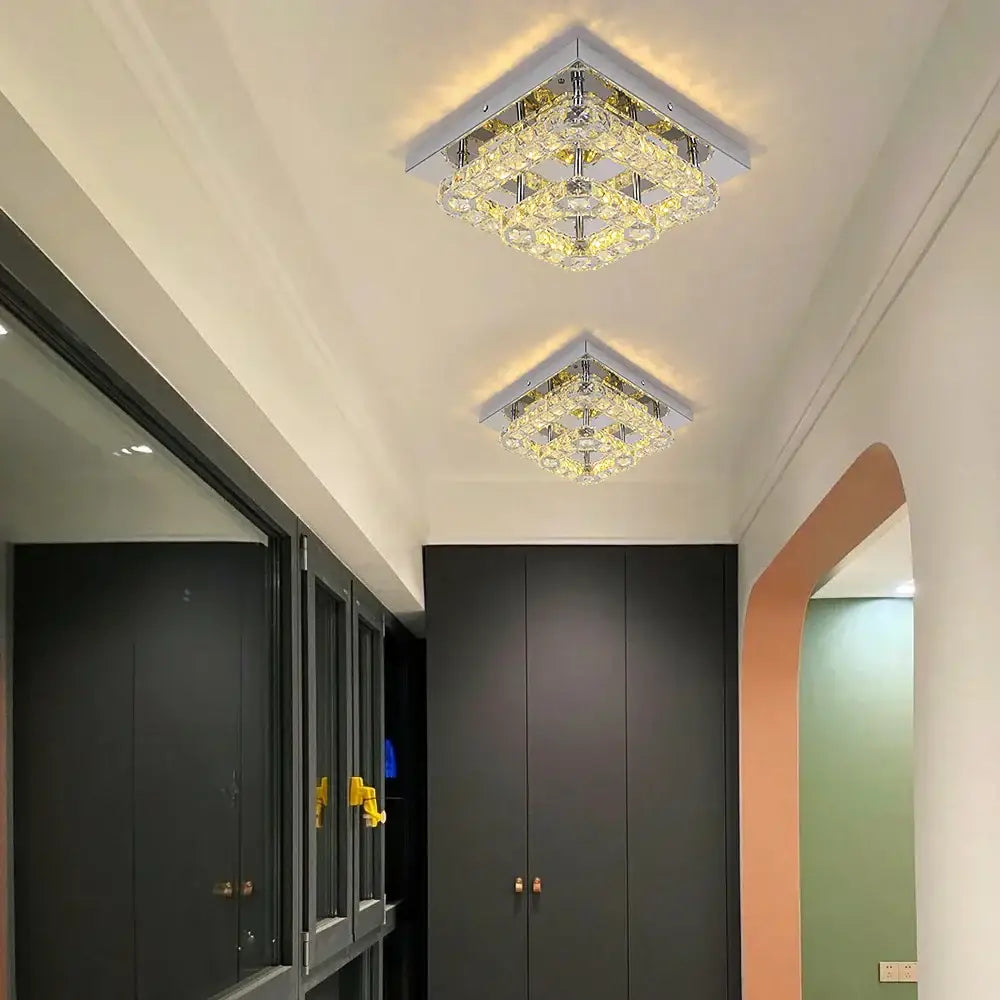 Modern crystal led square chandelier with chrome frame and warm yellow lighting for living room decorbites crystal led