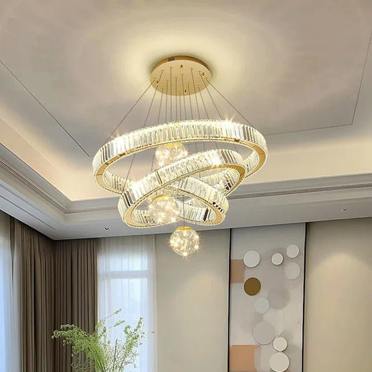 Modern Crystal Multi-Ring Pendant Light in Brushed Steel - Decorbites
