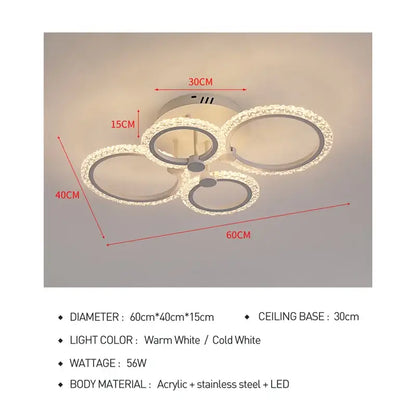 Modern crystal ring acrylic ceiling lights featuring four interlocking rings with crystal accents and a sleek metallic frame
