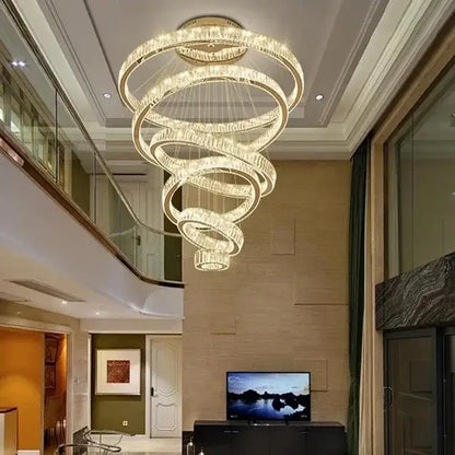 Modern crystal ring led chandelier featuring multi-tiered spiral design with crystal accents for dining room decorbites decor