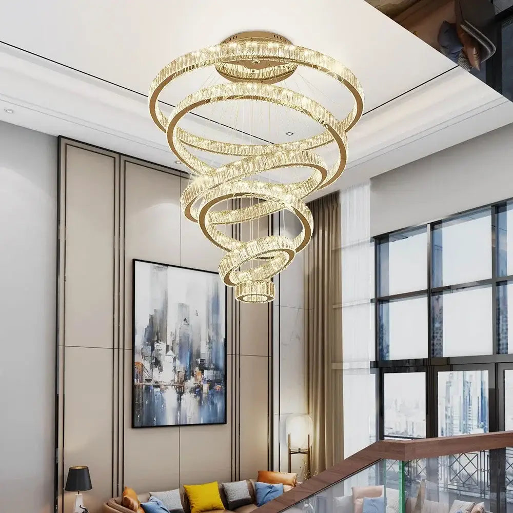 Modern crystal ring led chandelier with golden spiral design and crystal accents for staircase or dining room decorbites crystal ring