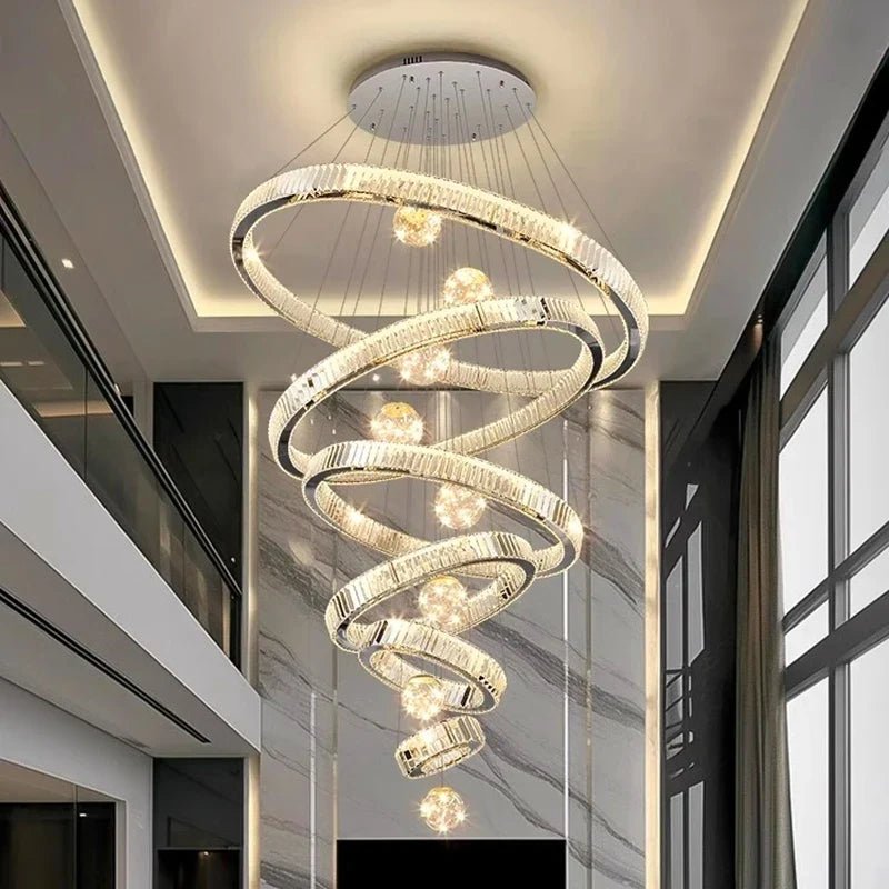 Modern Crystal Ring Staircase Chandelier Pendant Light - Decorbites
