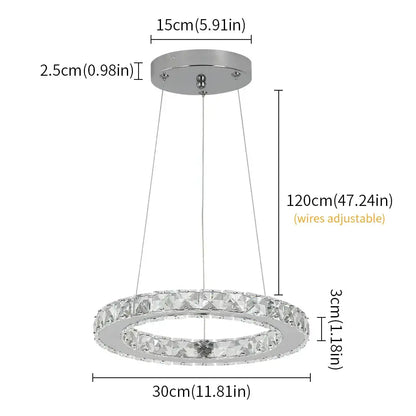 A modern chrome pendant light featuring decorbites crystal rings led with clear faceted crystal accents for dining room decor