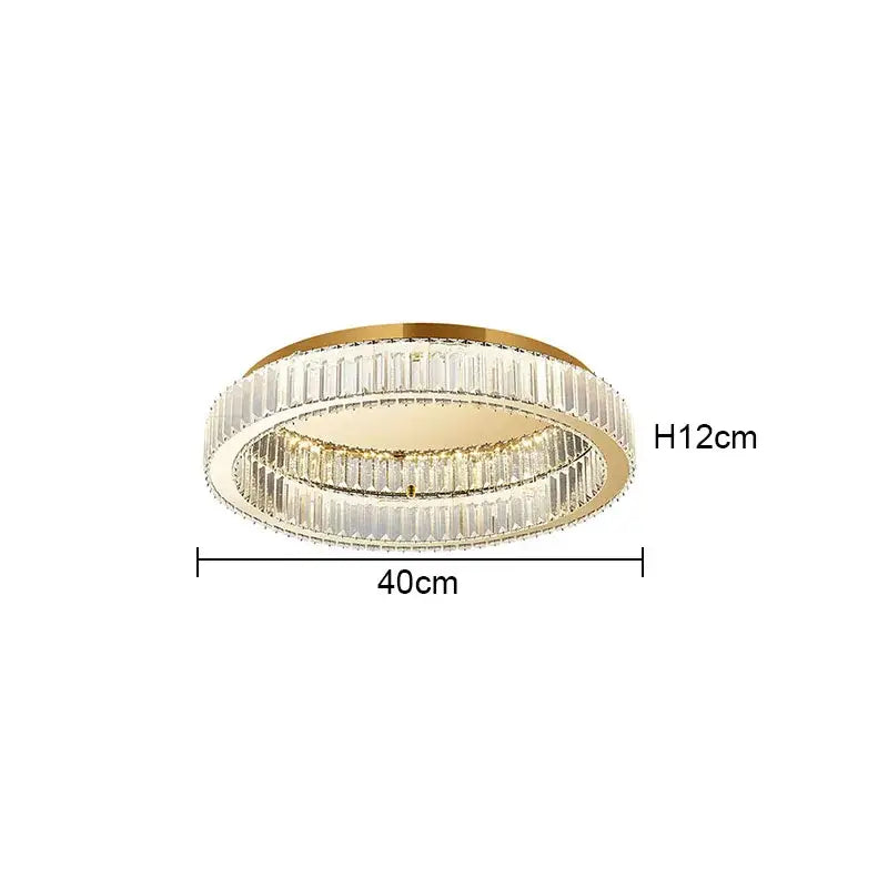 Gold-toned decorbites crystal round ceiling lamp with two concentric rings of clear faceted crystal rods for living room decor