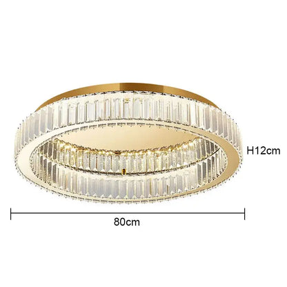 Modern crystal round ceiling lamp with gold-toned circular frame and faceted crystal bars for elegant living room decorbites lighting