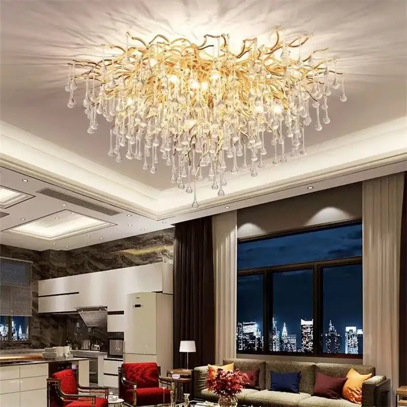Modern crystal teardrop gold chandelier with golden branch design and dangling crystal droplets for elegant living room decorbites crystal teardrop