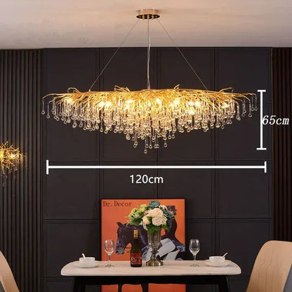 Modern crystal teardrop gold chandelier with golden branch design and dangling crystal droplets for elegant living room decorbites crystal teardrop