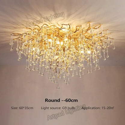 Modern crystal teardrop gold chandelier with intricate branching arms and dangling crystal teardrop pendants for elegant decorbites teardrop gold ceiling decor