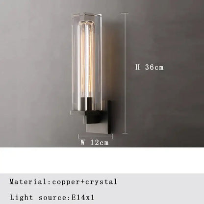 Modern crystal wall lamp with sleek copper base and clear crystal enclosure featuring three vertical Edison bulbs for decorbites wall lamp