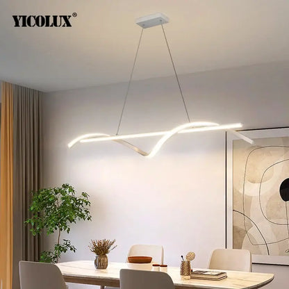 Modern curved black and white led pendant light with sleek design and app remote dimming for dining room use