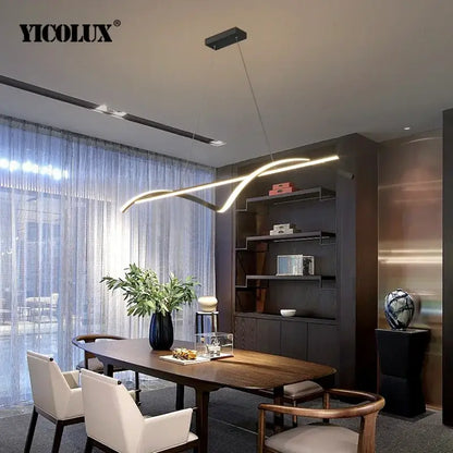 Modern curved black and white led pendant light with sleek design and app remote dimming for dining room ambiance