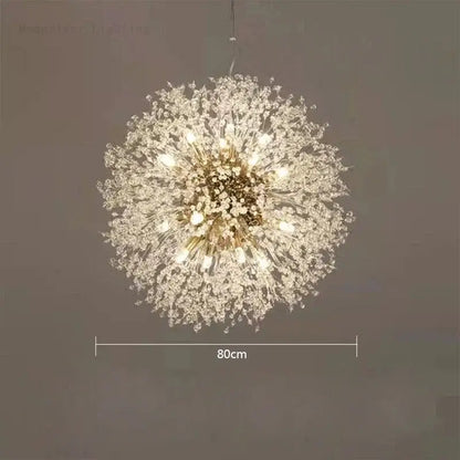 Modern dandelion crystal chandelier with clear glass pieces and brass fixture perfect for living room decorbites dandelion