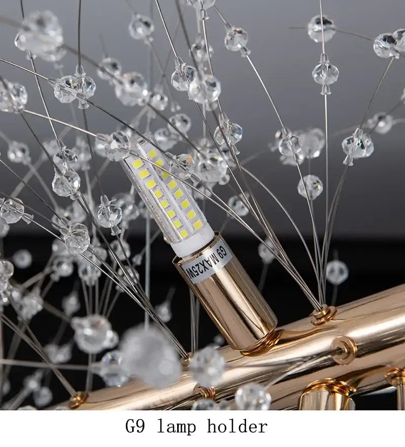 Gold-toned g9 lamp holder with clear faceted crystal bulb and led light strip in modern dandelion led crystal chandelier