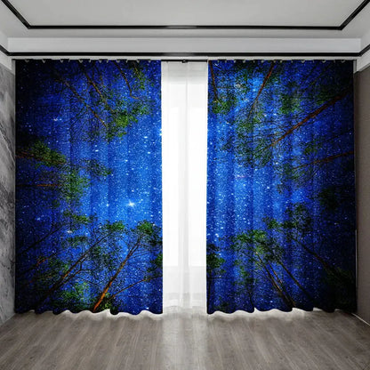 Modern dark blue forest city night view sheer curtains with deep blue starry night and green tree silhouettes