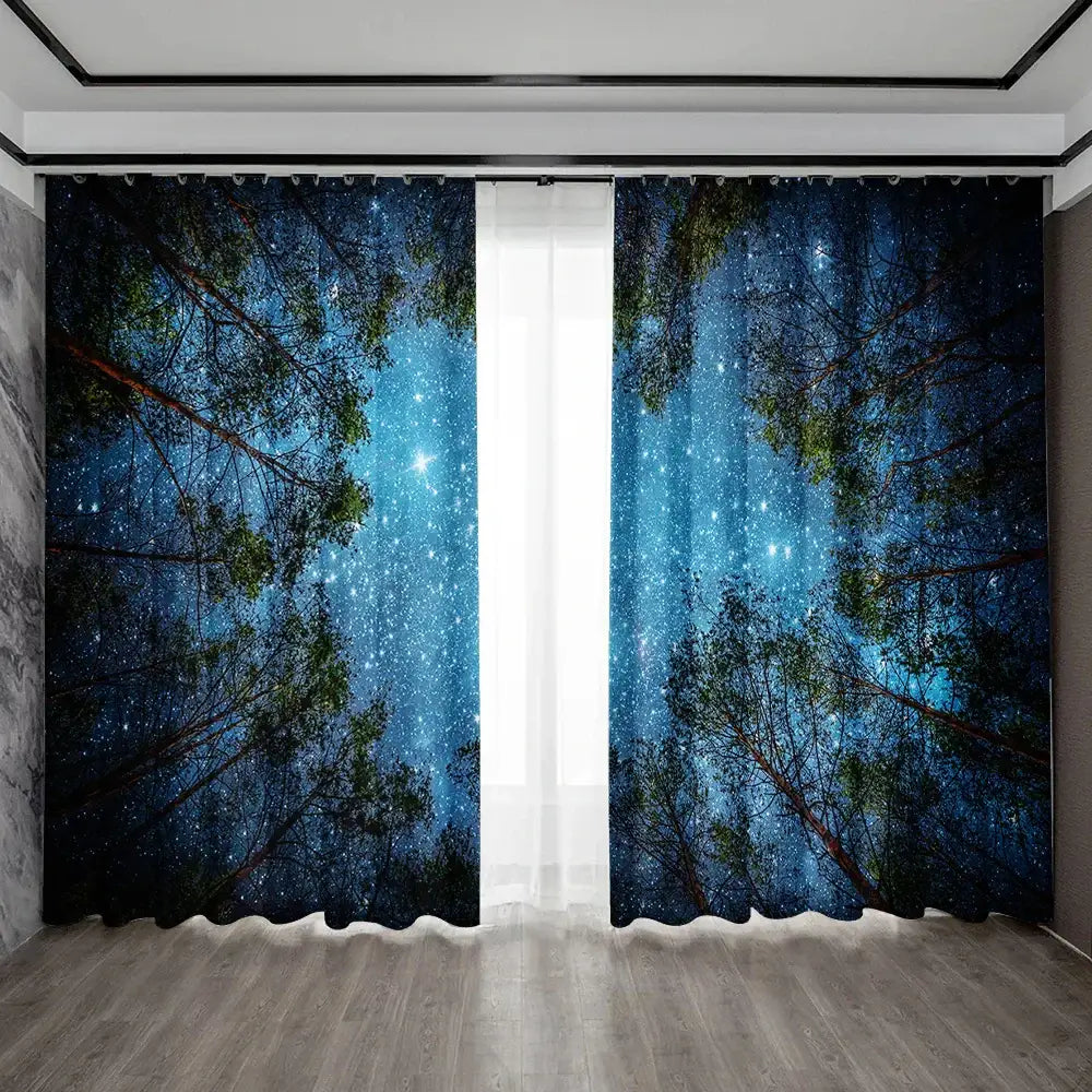 Modern dark blue forest city night view sheer curtains with navy blue and green canopy and starry night design