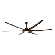 A modern dark bronze large ceiling fan with six blades and integrated light fixture for living room use