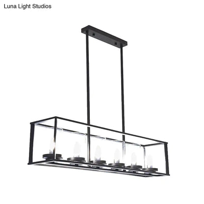 Black metal rectangular chandelier with clear glass shade and five exposed bulbs for classic black island lighting