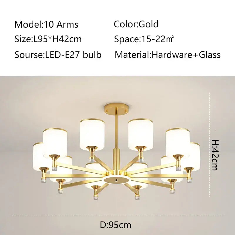 Modern dark bronze decorbites glass chandelier with gold finish and ten arms holding white cylindrical glass shades