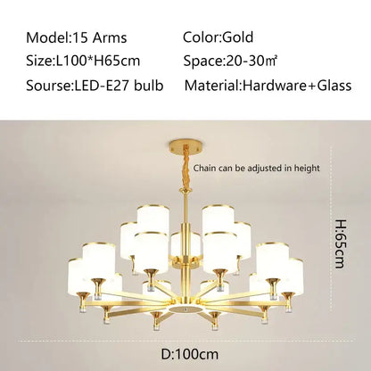 Modern dark bronze decorbites glass chandelier with 15 gold-finished arms and frosted glass shades hanging in living room