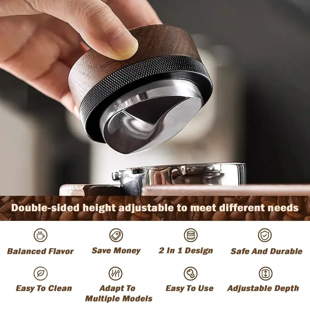 A sleek double-sided espresso distribution tool with a dark wood top and polished stainless steel base tamper