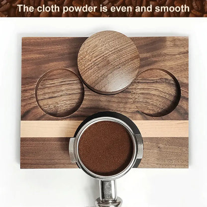 Modern dark brown wood espresso distribution tool with three circular cutouts, central lid, and light wood stripes