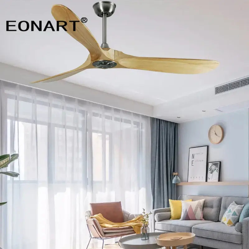 Eonart modern dark brown solid wood ceiling fan with three light wood blades and brushed metal hub for living room remote control