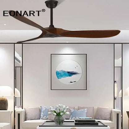 Eonart ceiling fan with three dark brown solid wood blades and black motor housing for modern living room use