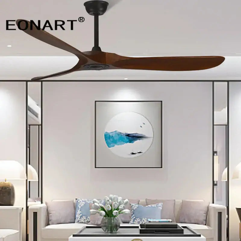 Eonart ceiling fan with three dark brown solid wood blades and black motor housing for modern living room use