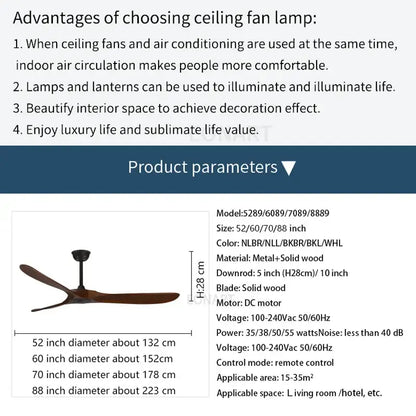 Modern dark brown solid wood ceiling fan with metal housing and dc motor suitable for living room with remote control