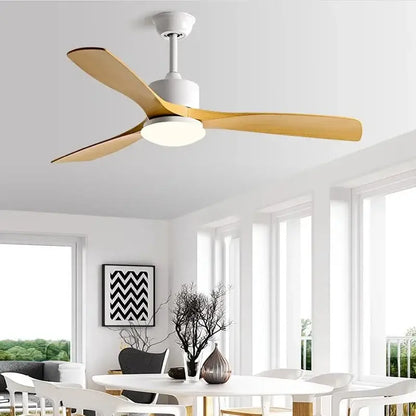 Modern dark brown wooden ceiling fan with three light wooden blades integrated led light and remote control for bedroom use