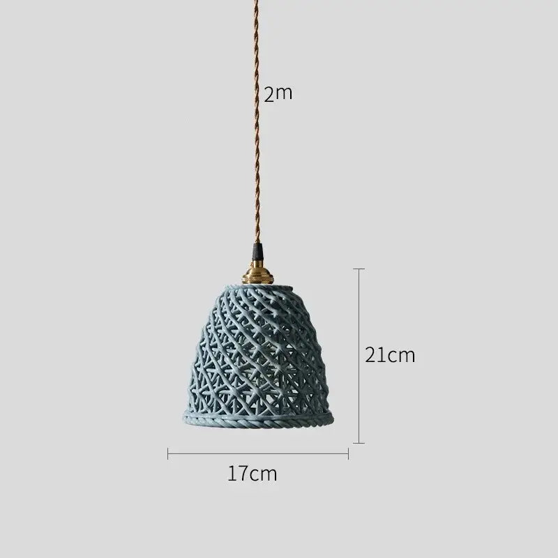 Modern dark gray ceramic led pendant lamp with teal woven lattice design and brass-finished top for bedroom lighting