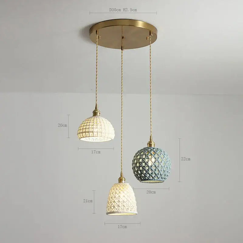 Modern dark gray ceramic led pendant lamp with brass fixtures and white blue ceramic shades for bedroom lighting