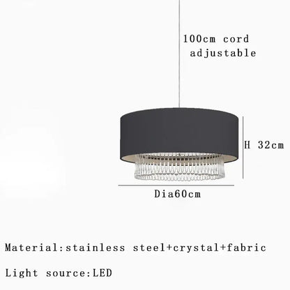Modern dark gray crystal pendant chandelier with black fabric shade cascading crystal fringe and stainless steel frame decorbites crystal pendant