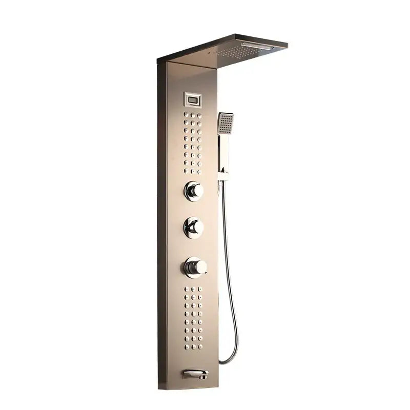 Modern dark grey shower column with massage system featuring brushed nickel rain shower tower and handheld sprayer jets