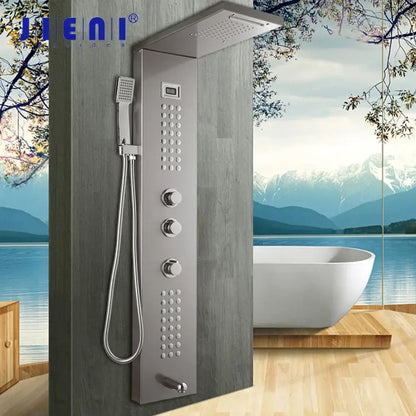Modern dark grey shower column with decorbites dark grey brushed stainless steel rain shower and integrated handheld sprayer