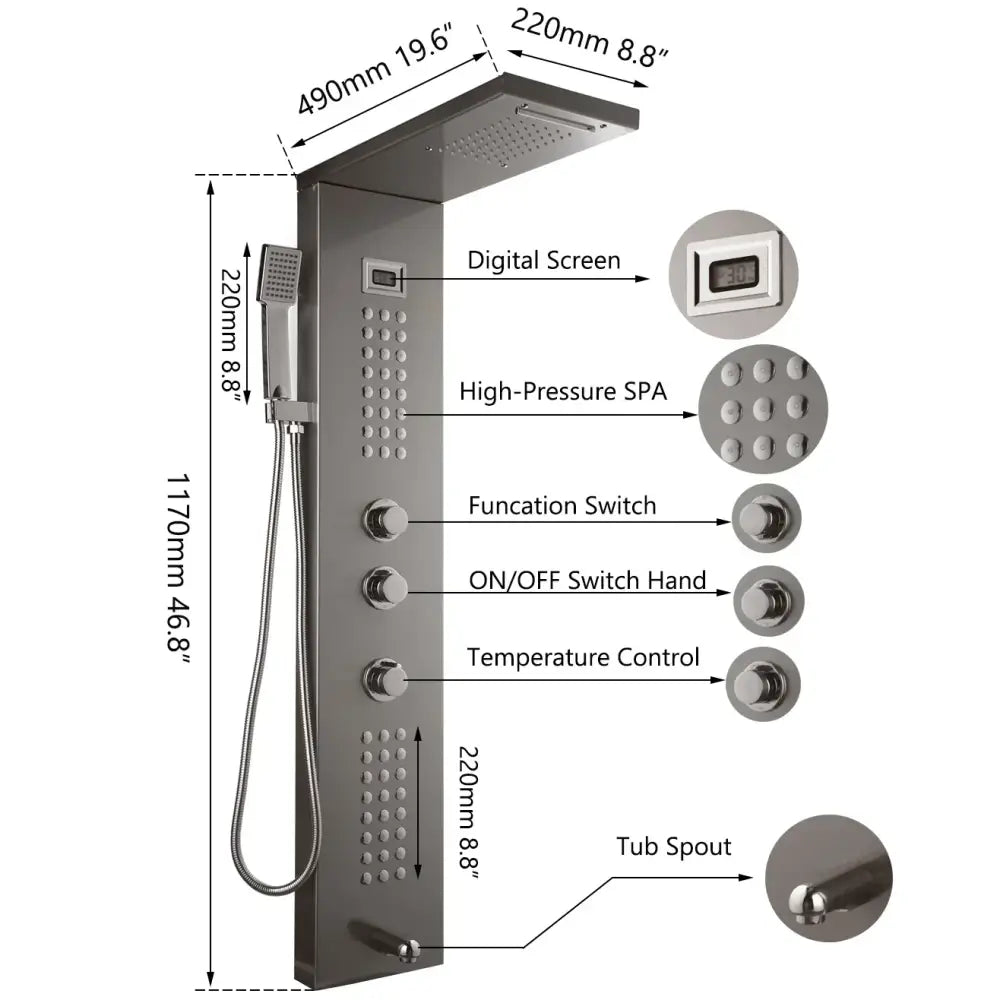 Modern dark grey shower column with brushed nickel finish, digital screen, high-pressure spa spray, and temperature control by decorbites