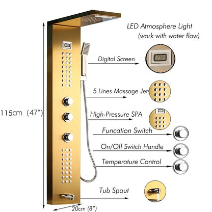 Modern dark grey shower column with gold finish, massage system, led atmosphere light, and digital screen by decorbites