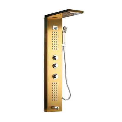 Modern dark grey shower column with gold-finished rainhead and multiple controls for decorbites dark grey shower decor