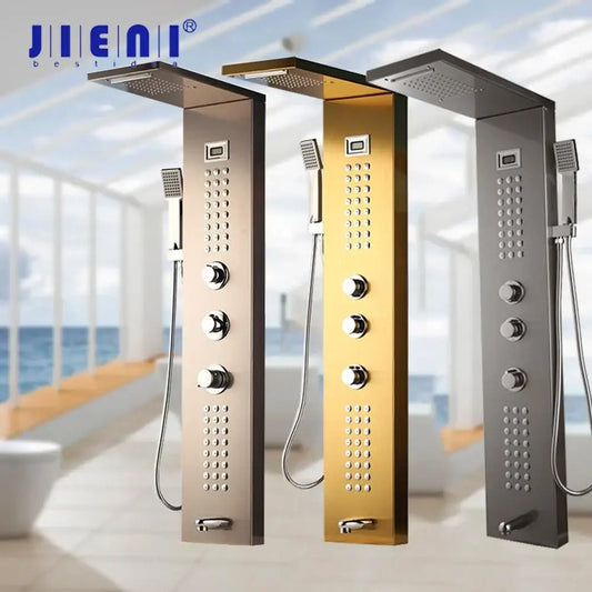 Modern dark grey shower column with massage system and three jienii shower panels in brushed nickel gold and matte black finishes