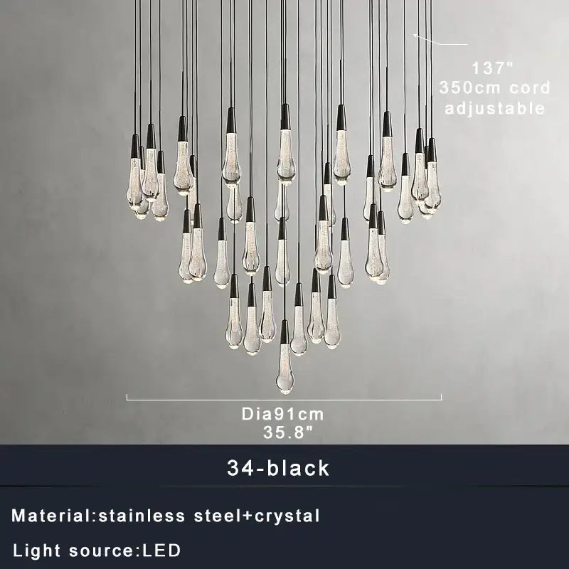 Modern dark metal decorbites crystal water-drop ceiling chandelier with black and clear teardrop pendants for dining room