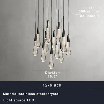 Modern dark metal decorbites crystal water-drop ceiling chandelier with 12 teardrop crystals and adjustable 300cm cord