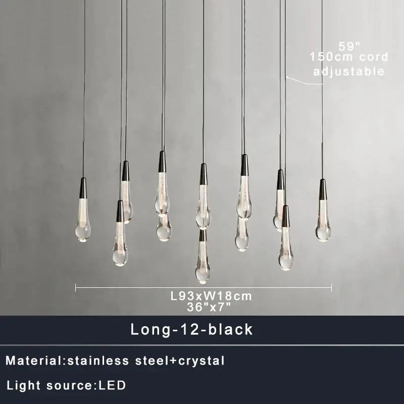 Set of twelve modern black pendant lights with decorbites crystal water-drop shades and stainless steel ceiling chandelier fixtures