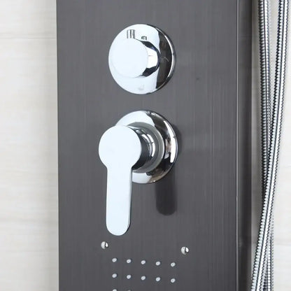 Modern dark nickel shower panel with massage system featuring chrome knobs and handle on a matte black wall plate decorbites dark nickel