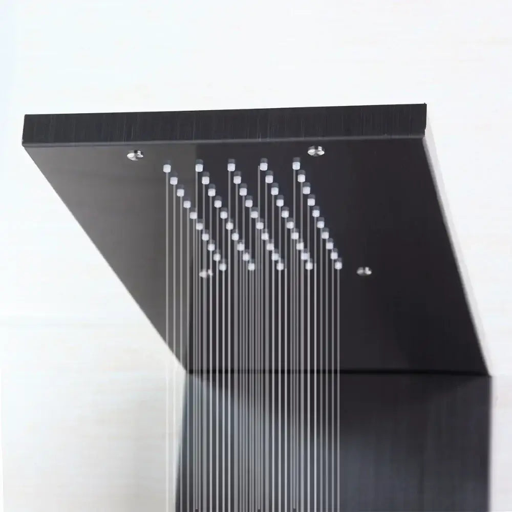 Black rectangular dark nickel shower panel with multiple silver nozzles massage system decorbites dark nickel spa bathroom decor