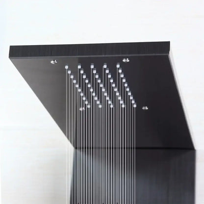Black rectangular dark nickel shower panel with multiple silver nozzles massage system decorbites dark nickel spa bathroom decor