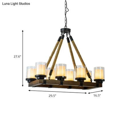 Modern dark wood island chandelier with black metal accents and white glass shade for dining room lighting