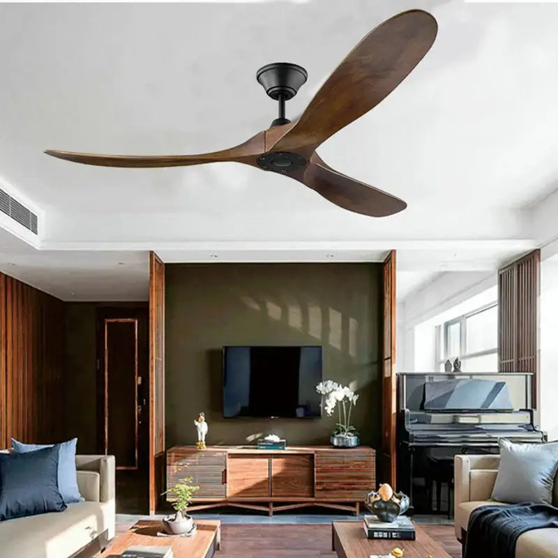 Dark wood large wood blade ceiling fan with sleek modern blades and black hub for living room remote control use