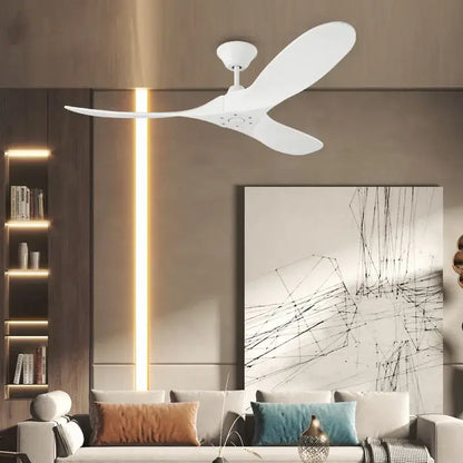 White three-blade ceiling fan with sleek modern design featuring remote control and large wood blade for living room use